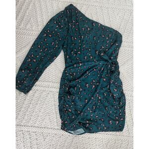 Kittenish Womens One Shoulder Green Leopard Print Wrap Mini Dress Size Large